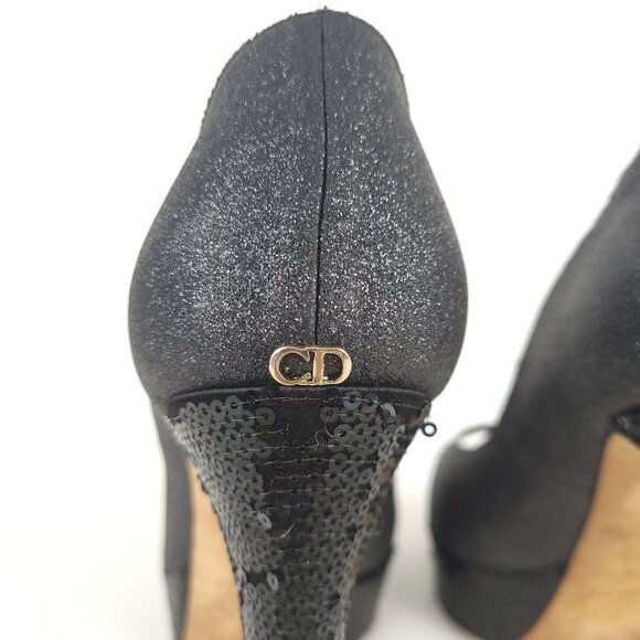 CHRISTIAN DIOR Heels 38.5 Gray Glitter Black Sequin Peep Toe Platform *FLAWS* - Picture 12 of 16